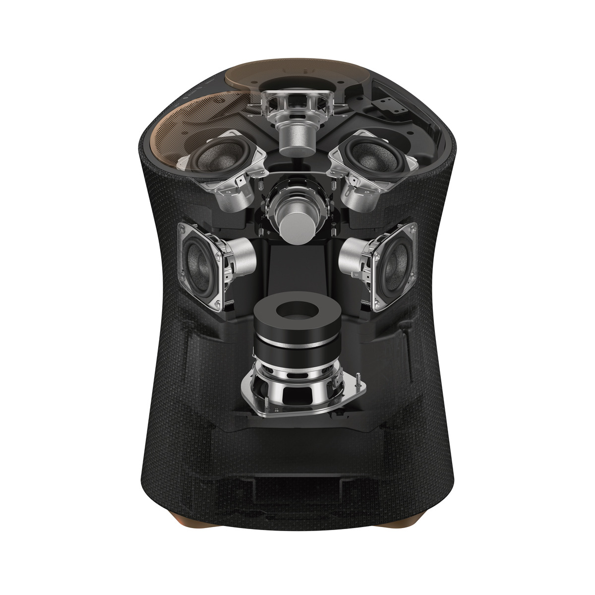        SRS-RA5000搭載七組驅動單體，透過三組向上和三組水平單體傳遞全方位音效，運用Sony優異的聲學設計有效校準使兩個相位的音場無縫接合，另配備一組低音單體則提供強而有力的重低音表現，使整體空間充滿自然的環繞音效；全新聲音細節校正功能更可偵測空間環境，精密調節多單體結構以優化音質傳遞最適切的聽覺饗宴。SRS-RA5000支援Hi-res高解析音質提供豐富的細節有如親臨演奏現場，此外，承接旗艦機種的S-master HX數位音質擴大技術和DSEE HX數位音質還原技術，精準擴大並還原被壓縮過的音源，成就高品質的沉浸式居家美聲。