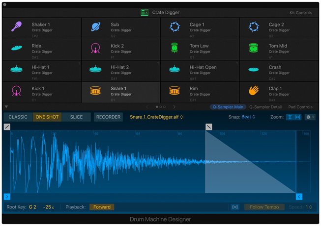 Drum Machine Designer 與 Logic Pro X 10.5 的全新取樣功能緊密整合。