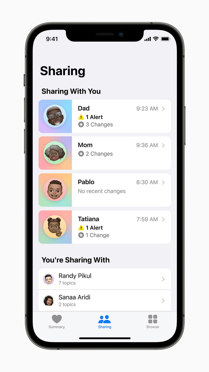 「健康」app 的全新分享頁面讓使用者能和家人、照護者或照護團隊分享健康資料