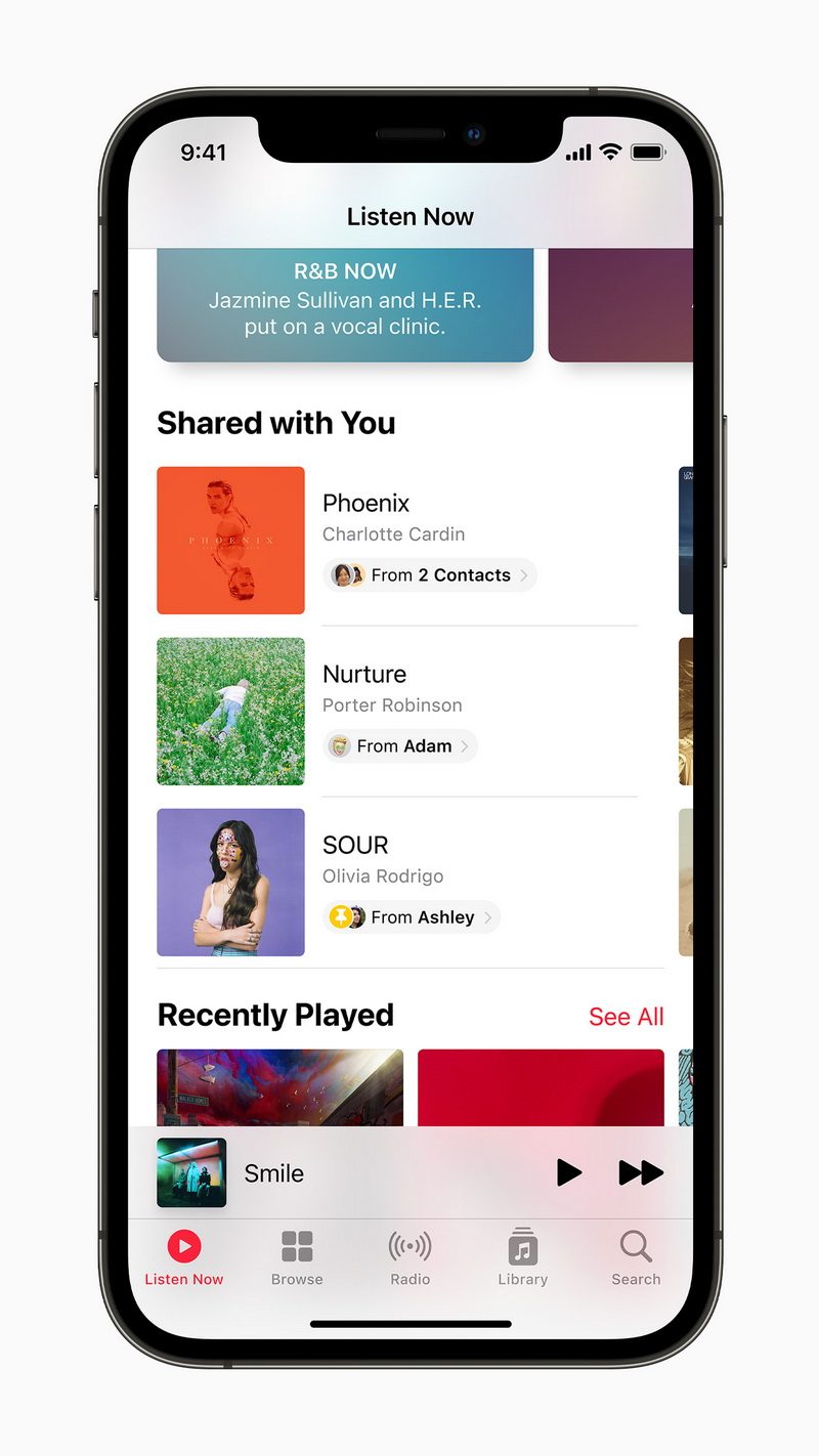 透過「訊息」和使用者分享的音樂現在將出現在 Apple Music 全新的「與您分享」頁面。