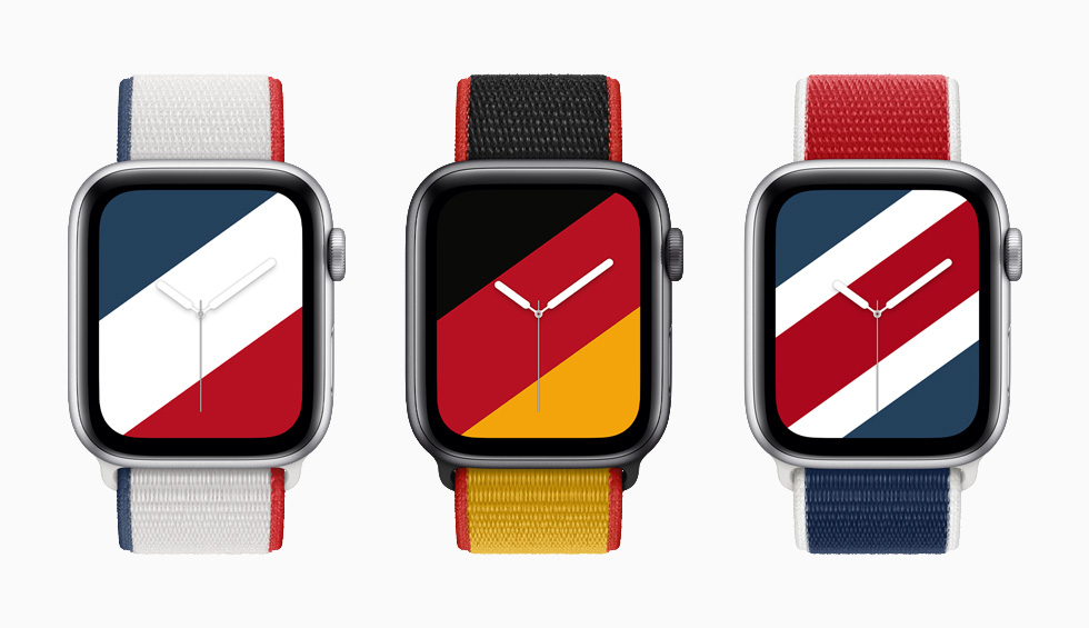 法國、德國和英國的 Apple Watch 國際系列運動型錶環，搭配 Stripes 錶面。