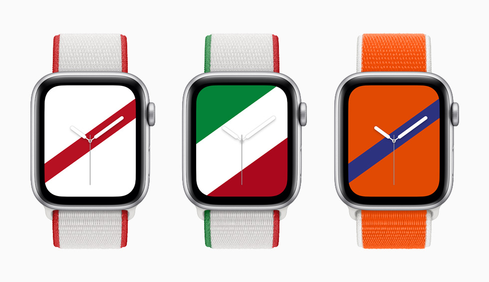 日本、墨西哥和荷蘭的 Apple Watch 國際系列運動型錶環，搭配 Stripes 錶面