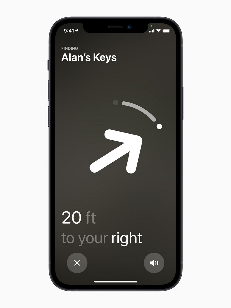 AirTag 的「精確尋找」會從 iPhone 上的相機、ARKit、加速計和陀螺儀獲得資料，提供更精準、方位更明確的尋找體驗。