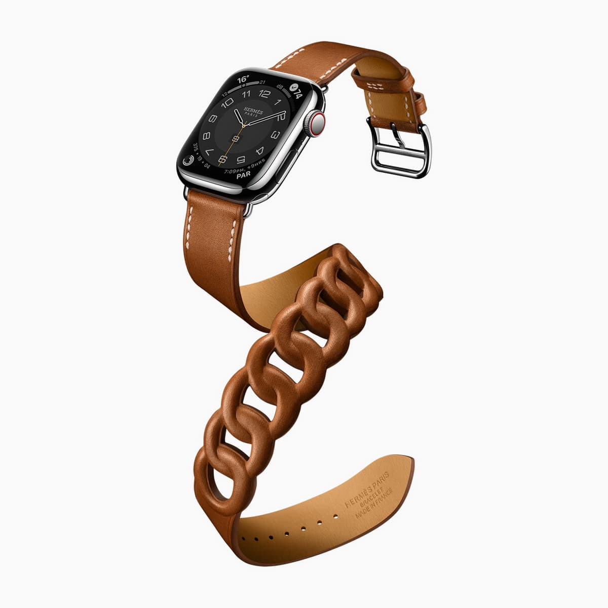 Apple Watch Hermès Gourmette Double Tour 向 1930 年代 Hermès 頸鍊致敬，在柔軟的 Fauve Barénia 皮革中流暢結合鏈紋編織。