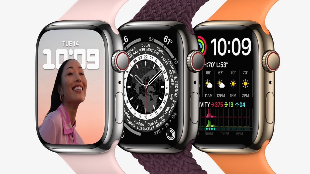 銀色、石墨色與金色不鏽鋼的 Apple Watch Series 7 系列。