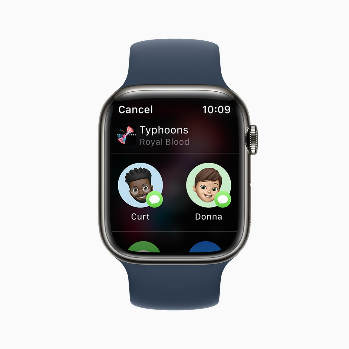 重新設計的「音樂」app 讓使用者能透過 watchOS 8 中的「訊息」和「郵件」分享歌曲、專輯和播放清單。
