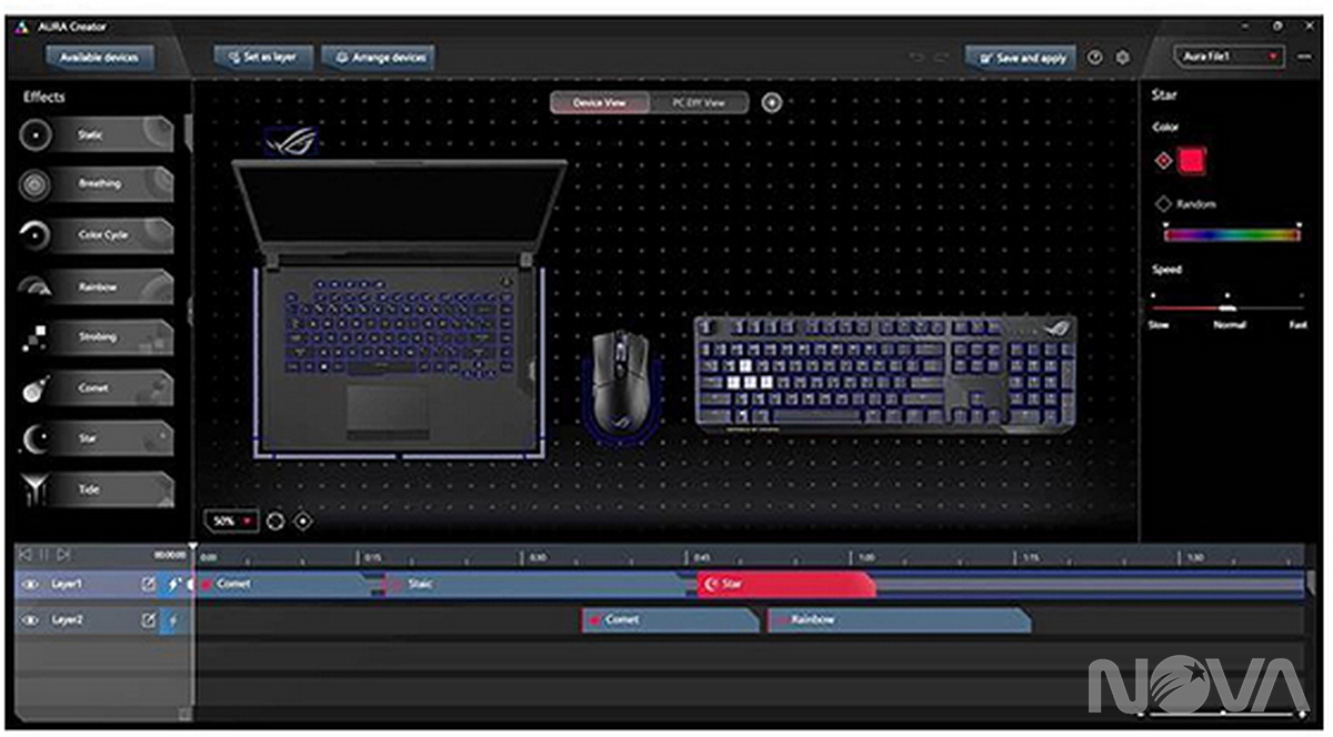 ROG Strix全新三代機，內建新研發「Aura Creator」燈光設置軟體，能在同一頁面下，更直覺簡單做按鍵燈光與串連周邊燈效設定與儲存。