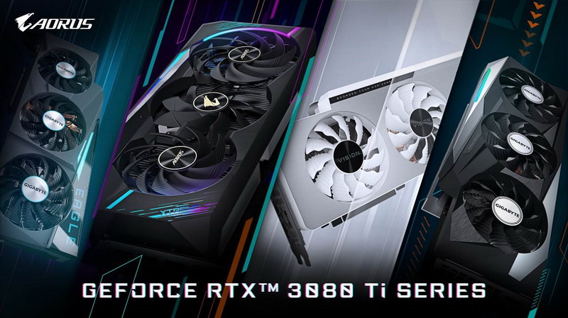 技嘉推出最新一代GeForce RTX 3080 Ti與GeForce RTX 3070 Ti系列顯示卡。兩款顯示晶片都有推出多款風冷散熱方案，期待符合每一種消費者的需求。AORUS推薦給追求極致效能與炫彩外觀的頂級玩家。