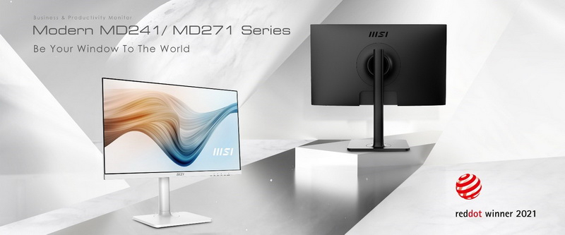 MSI(微星科技)宣布推出嶄新商用/文書Modern系列顯示器「Modern MD241 / Modern MD271系列」。 兩款系列顯示器均榮獲「2021紅點設計大獎」殊榮。外觀上不僅擁有典雅的設計風格，同時具備護眼機制和人體工學腳架設計，輕薄機身，帶給使用者廣視角的觀看體驗，提高工作時的生產力。