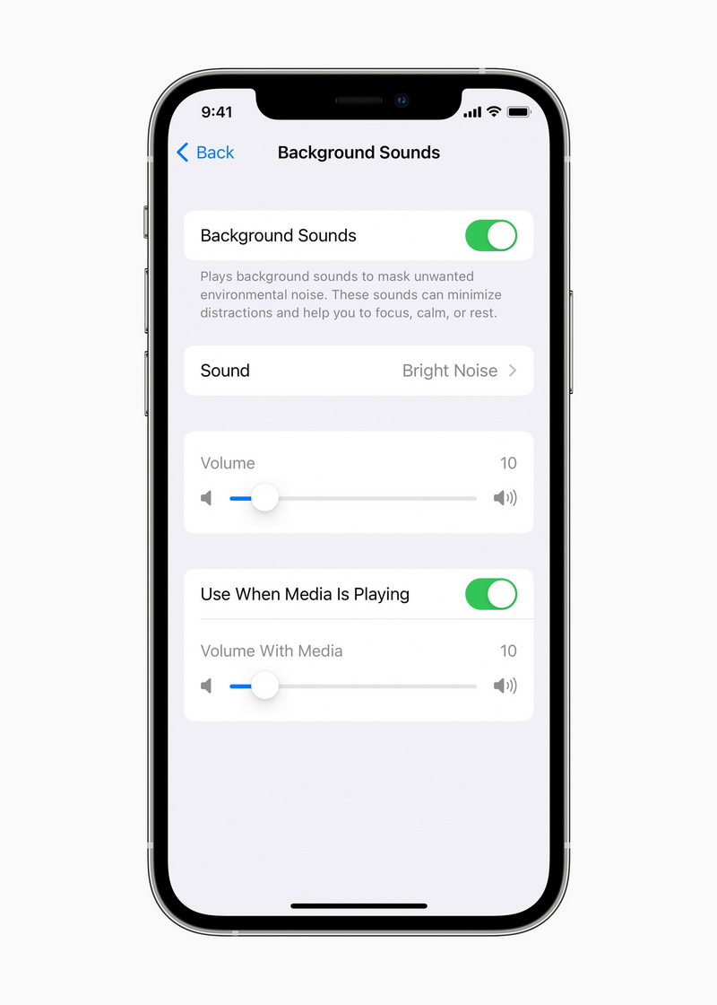 例如海浪聲、雨聲和溪流聲等背景音，有助於使用者將分心程度降到最低，集中注意力、保持冷靜或好好休息。