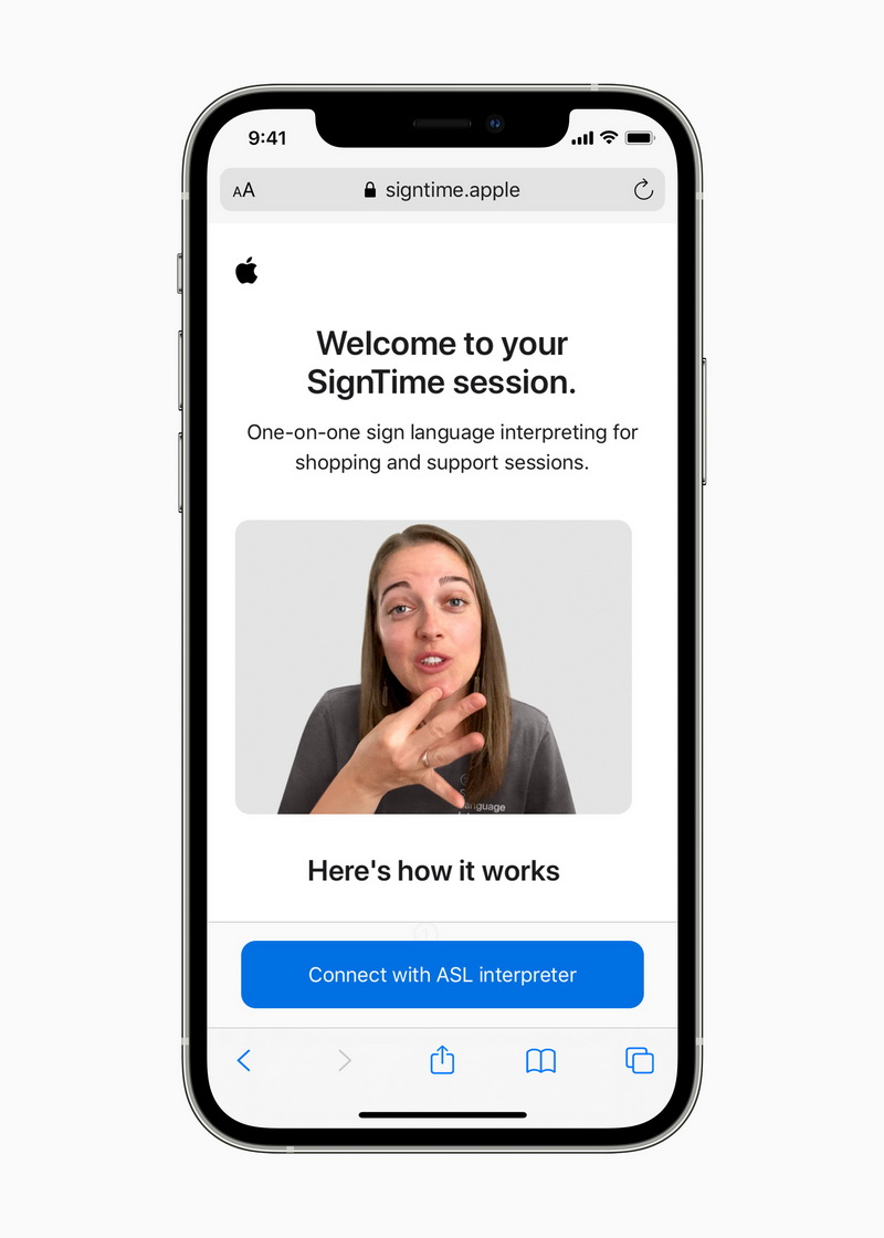 到訪美國、英國、法國 Apple Store 直營店的顧客，可以利用 SignTime 遠端聯繫手語翻譯人員。