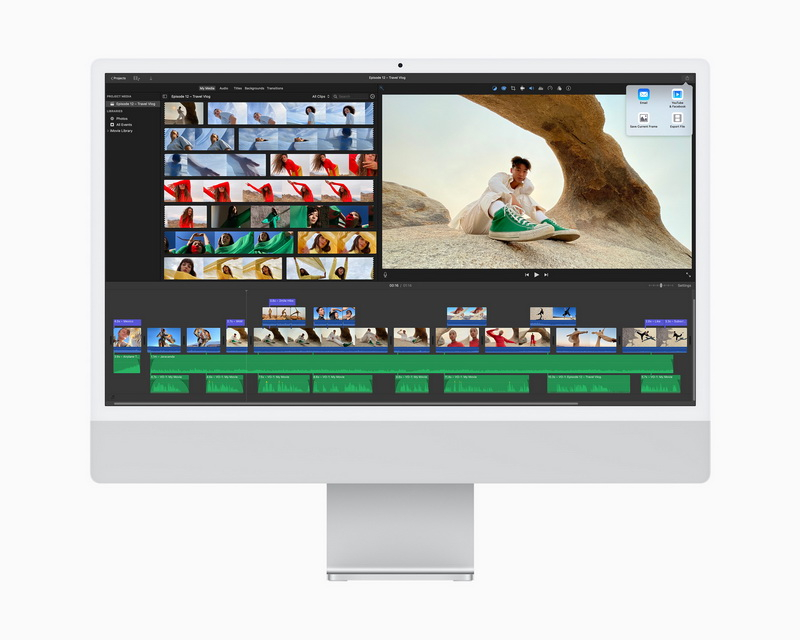 全新 iMac 使用強大的 M1 晶片，讓使用者能以前所未有的速度從 iMovie 輸出他們最喜歡的影片專案。