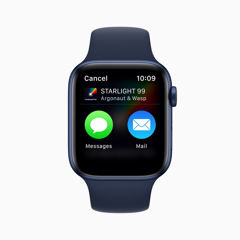 重新設計的「音樂」app 讓使用者能透過 watchOS 8 中的「訊息」和「郵件」分享歌曲、專輯和播放清單