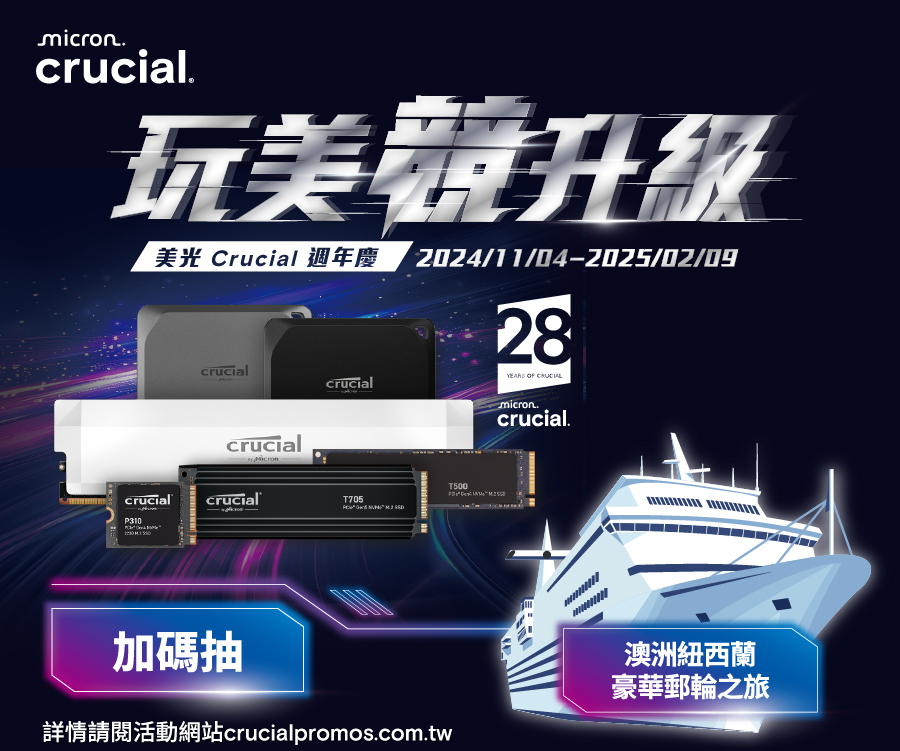 美光 Crucial 28週年慶，登錄送【四大超商購物金$100】